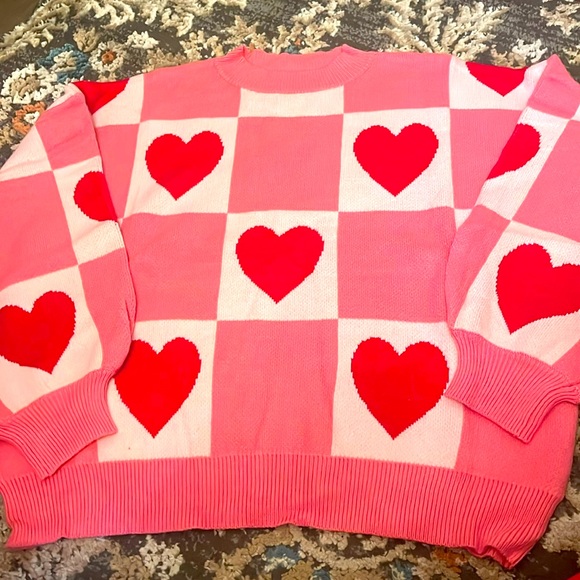 Valentines pink checkered and red hearts very hearts long sleeve sweater - Picture 4 of 7